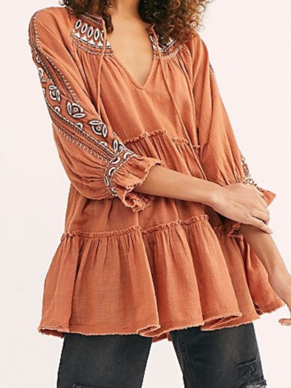 Free People Dreamweaver Embroidered Tiered Tunic - Rust Orange